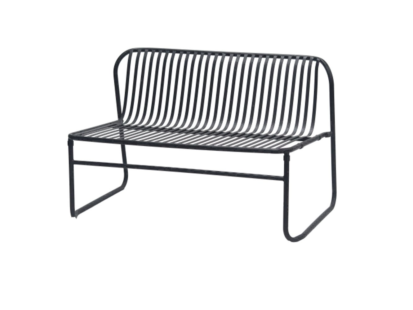 Black modern all-metal slatted garden bench with sled base for commercial outdoor projects.