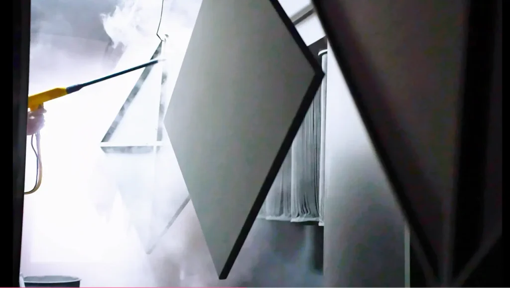 Powder coating applied to suspended outdoor furniture frames