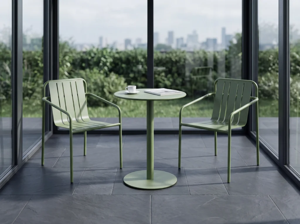 Minimalist table and chair setup.