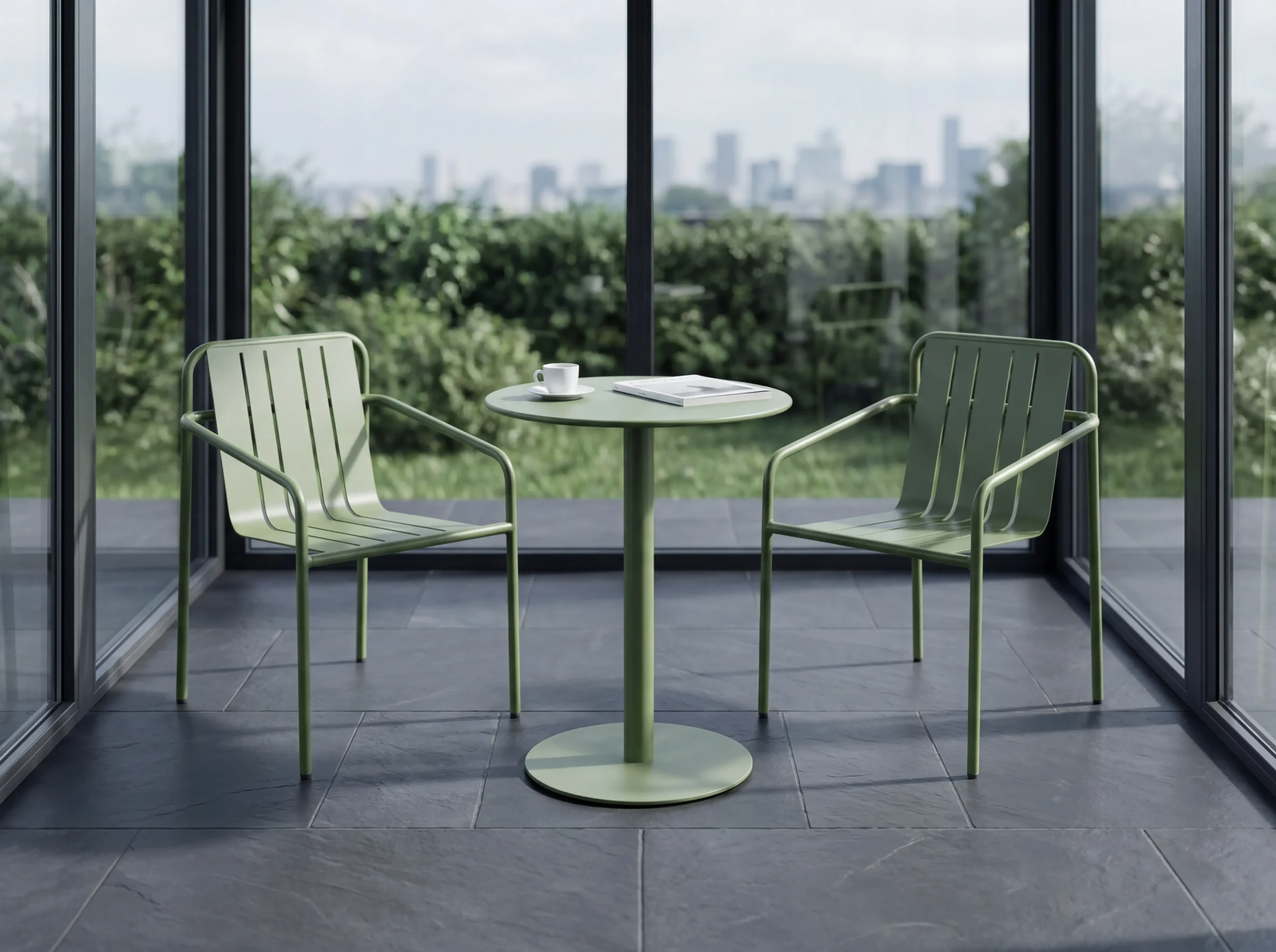Minimalist table and chair setup.