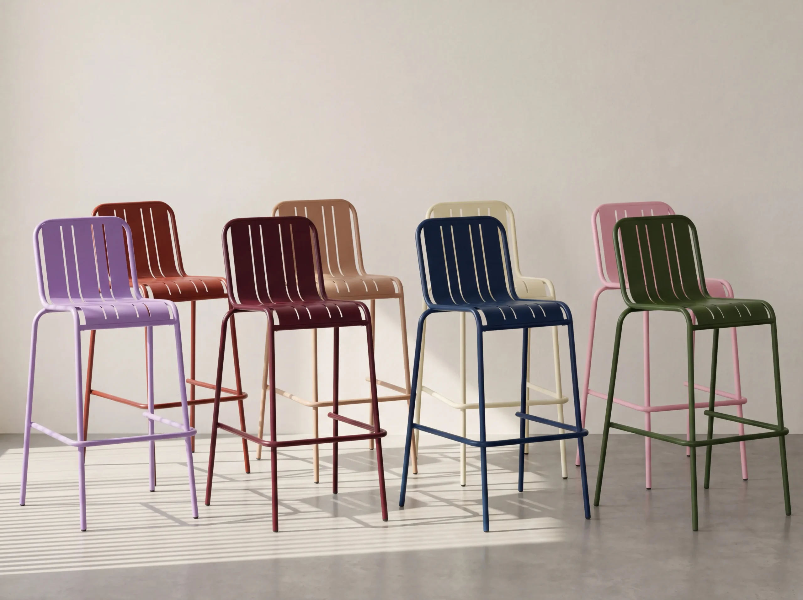 Powder-coated metal bar chairs in burgundy, blue, olive, pink and neutral colours