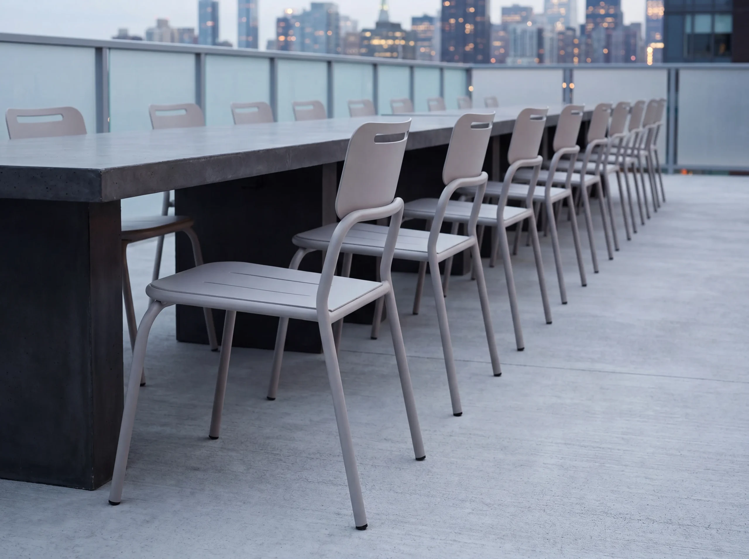 Matte Light Gray Carbon Steel Slotted Drain Seat with Carry Handle Stackable Outdoor Dining Chair