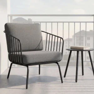 Matte Black Vertical Slat Metal Outdoor Armchair with 105° Ergonomic Backrest & Waterproof Gray Cushion