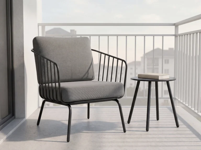 Matte Black Vertical Slat Metal Outdoor Armchair with 105° Ergonomic Backrest & Waterproof Gray Cushion