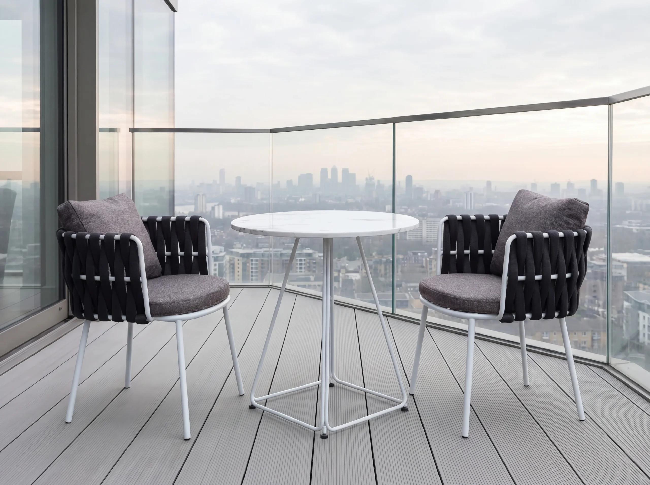 White Frame Black Thick Woven Rope Outdoor Armchair with Round Removable Cushions
