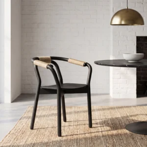 Matte Black Bentwood Dining Chair with Natural Rope Wrapped Curved Armrests & Solid Wood Seat