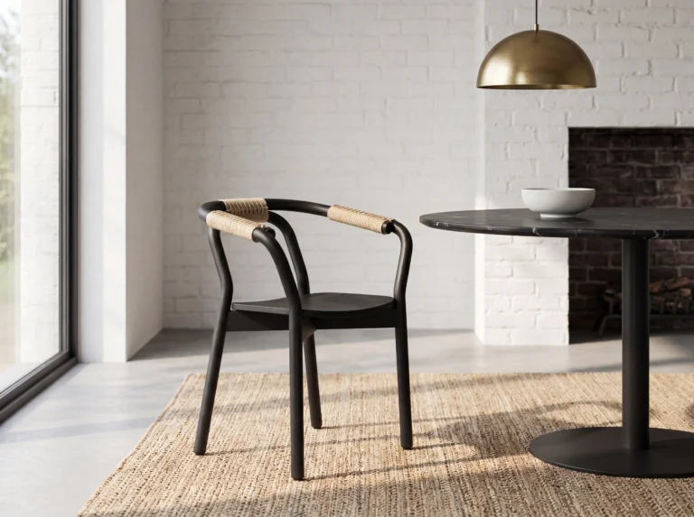 Matte Black Bentwood Dining Chair with Natural Rope Wrapped Curved Armrests & Solid Wood Seat