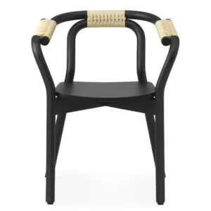 Matte Black Bentwood Dining Chair with Natural Rope Wrapped Curved Armrests & Solid Wood Seat