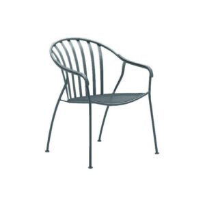 Matte Charcoal Gray Carbon Steel Slatted Back Perforated Mesh Seat Outdoor Dining Armchair