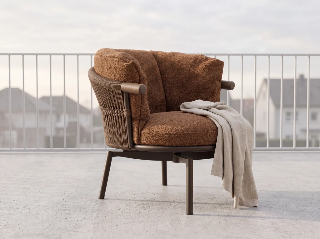 Matte Dark Brown Woven Rope Outdoor Armchair with Caramel Boucle Cushions & Wooden Armrests