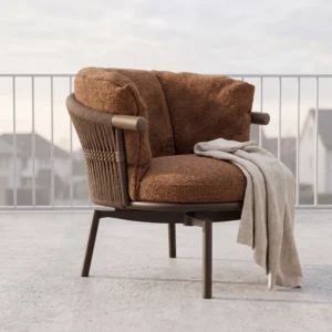Matte Dark Brown Woven Rope Outdoor Armchair with Caramel Boucle Cushions & Wooden Armrests