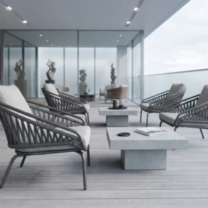 Matte Charcoal Gray Wraparound Woven Rope Outdoor Lounge Armchair with Removable Cushions
