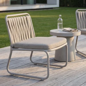 Matte Light Gray Sled Base Vertical Strap Woven Outdoor Lounge Chair with Removable Cushion