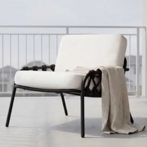 Matte Black Powder-Coated Metal Woven Rope Outdoor Armchair with Thick White Cushions