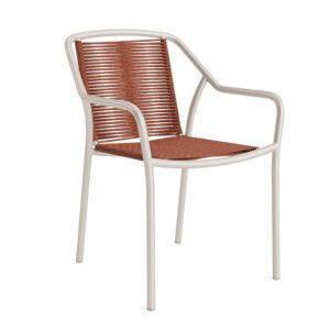 Matte Off-White Aluminum Frame Terracotta Horizontal Woven Rope Outdoor Dining Armchair