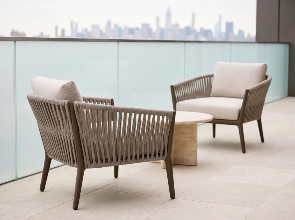 Matte Bronze Carbon Steel Frame Light Beige Vertical Woven Rope Outdoor Lounge Armchair with Removable Cushions