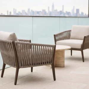 Matte Bronze Carbon Steel Frame Light Beige Vertical Woven Rope Outdoor Lounge Armchair with Removable Cushions