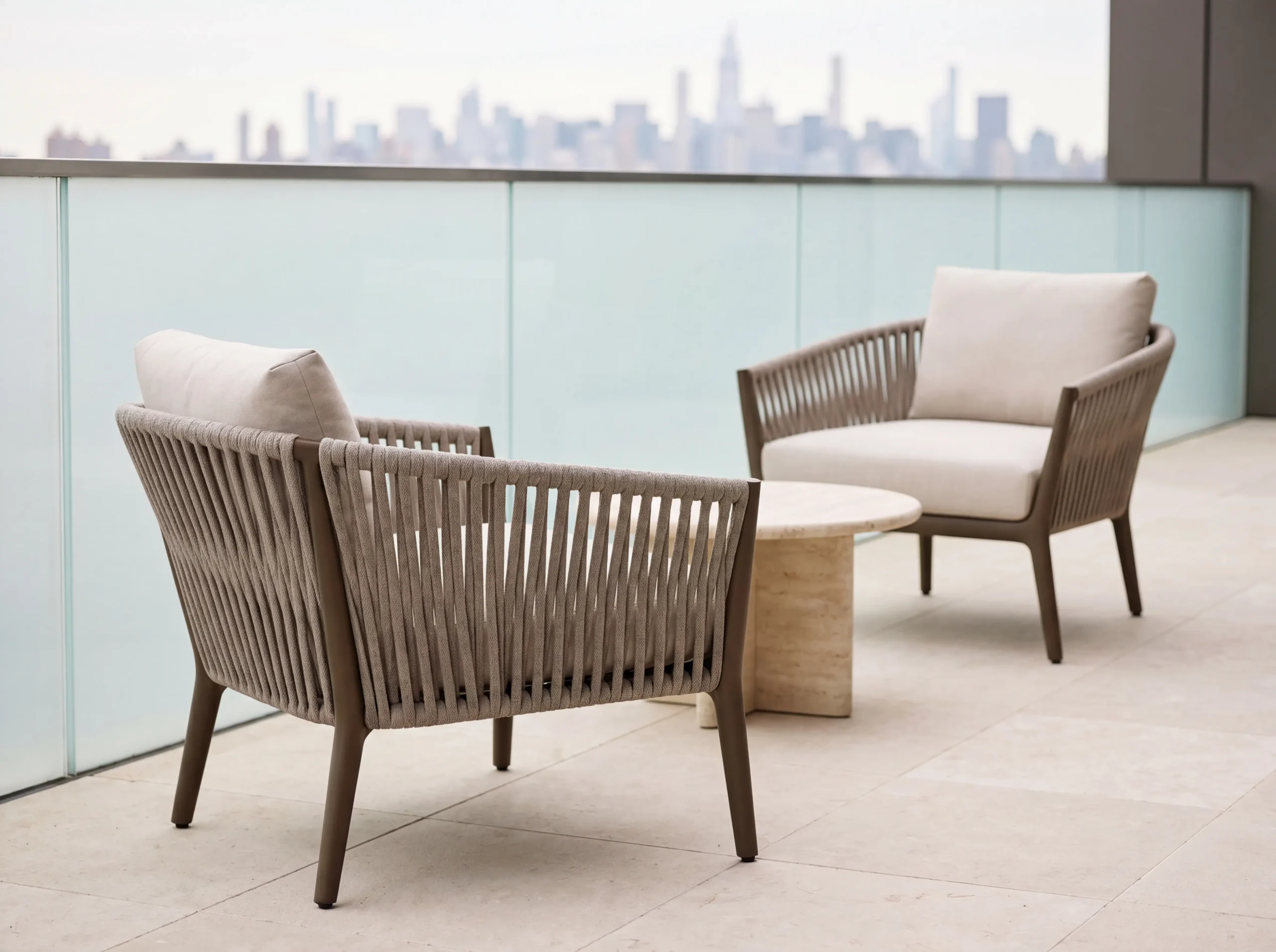 Matte Bronze Carbon Steel Frame Light Beige Vertical Woven Rope Outdoor Lounge Armchair with Removable Cushions
