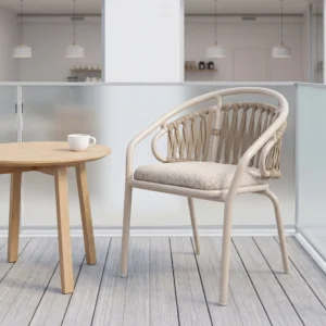 Light Beige Round Frame Woven Rope Outdoor Armchair with Powder-Coated Aluminum Frame & Removable Cushion