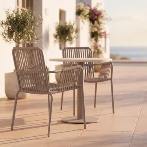 Matte Taupe Carbon Steel Full Vertical Flat Woven Rope Outdoor Dining Armchair