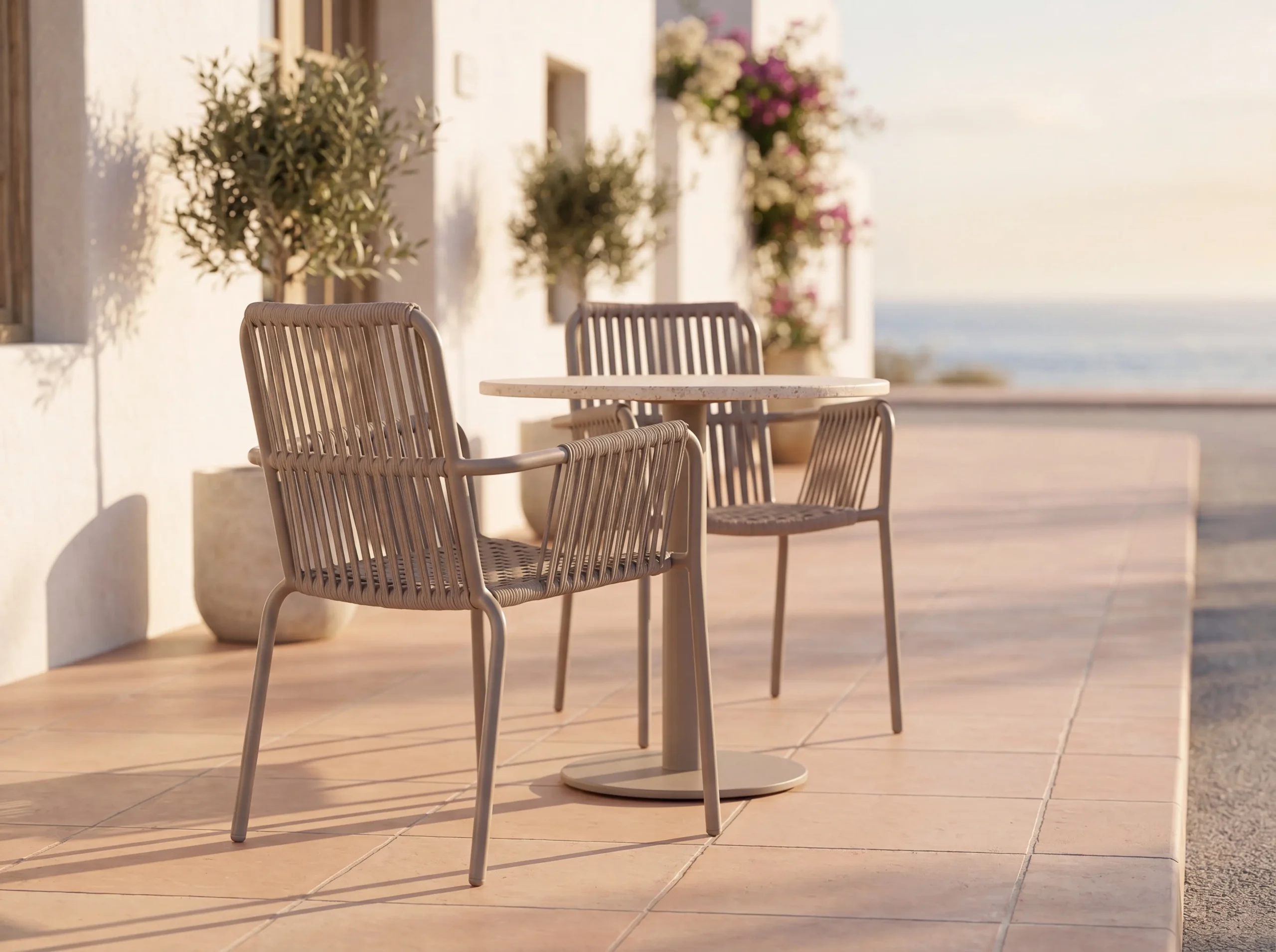 Matte taupe metal-frame outdoor chair with vertical woven rope