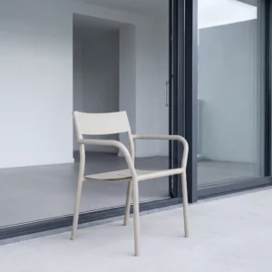 Matte Light Beige One-Piece Curved Aluminum Outdoor Armchair with Drainage Hole & Stackable Design