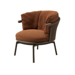 Matte Dark Brown Woven Rope Outdoor Armchair with Caramel Boucle Cushions & Wooden Armrests