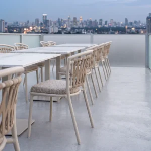 Matte Off-White V-Shaped Woven Rope Armless Outdoor Dining Chair with Removable Cushion