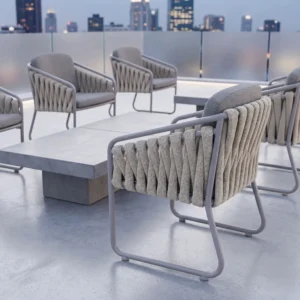 Matte Light Gray Sled Base Double-Sided Woven Rope Outdoor Armchair with Removable Cushion