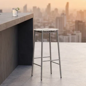 Matte Light Gray Carbon Steel Split Round Seat with Footrest Stackable Outdoor Bar Stool