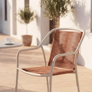 Matte Off-White Aluminum Frame Terracotta Horizontal Woven Rope Outdoor Dining Armchair