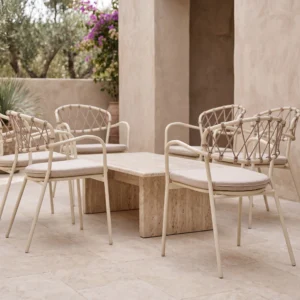 Carbon Steel Diamond Lattice Woven Rope Back Breathable Mesh Seat Outdoor Dining Armchair