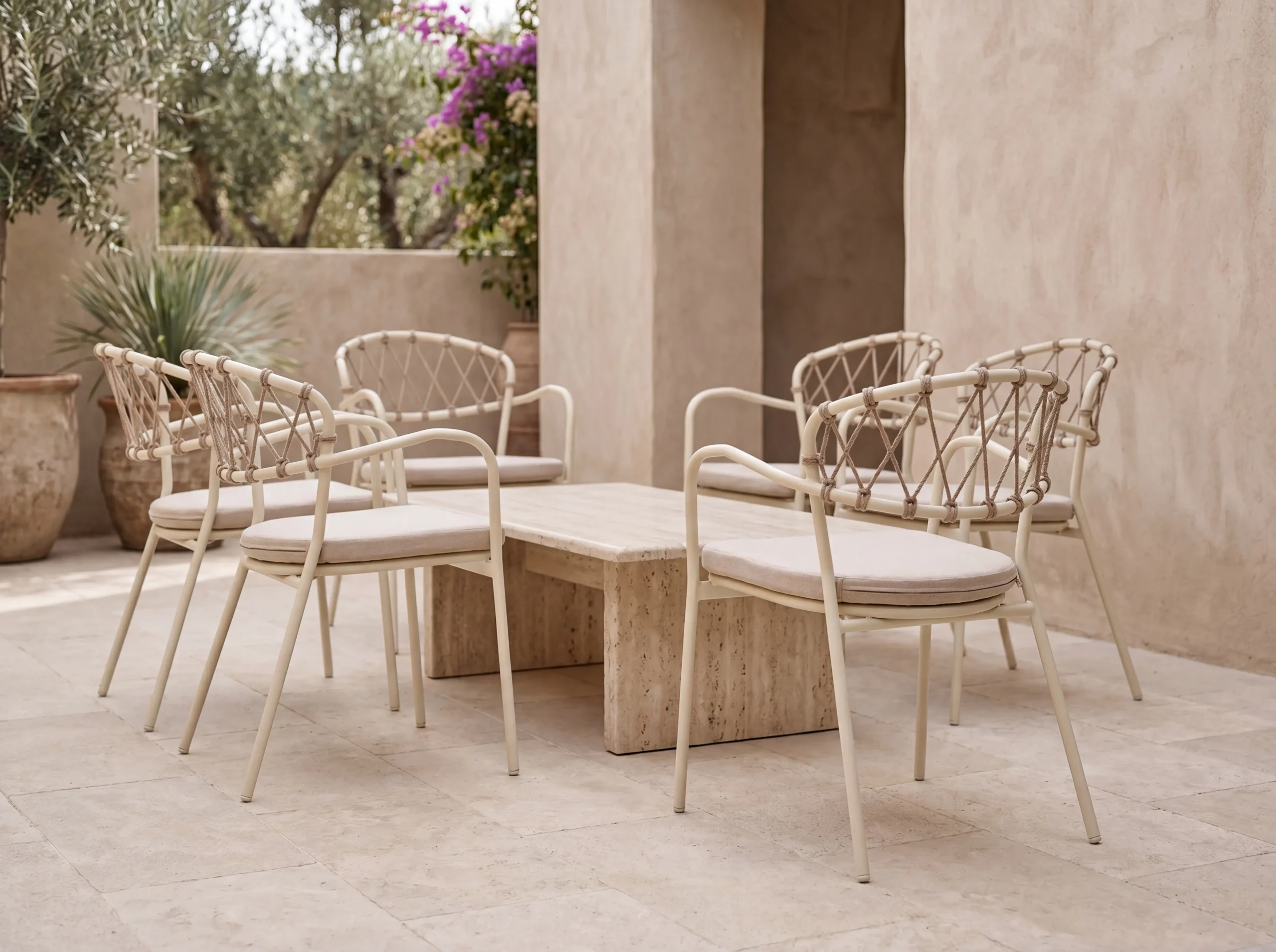 Carbon steel outdoor chair with a diamond-lattice woven rope back