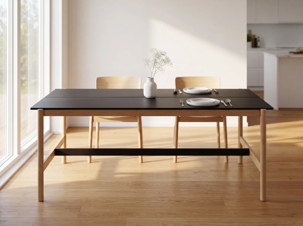 Matte Black Split Panel Outdoor Dining Table with Light Oak Legs & All-Black Metal Frame Options