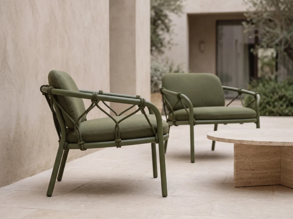 Matte Olive Green Carbon Steel Cross Rope-Tied Outdoor Lounge Armchair with Removable Cushions