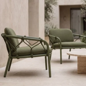 Matte Olive Green Carbon Steel Cross Rope-Tied Outdoor Lounge Armchair with Removable Cushions