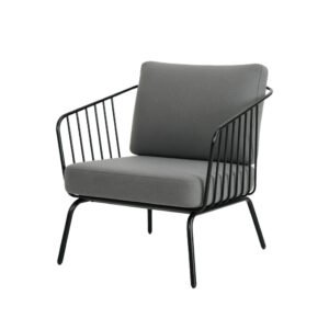 Matte Black Vertical Slat Metal Outdoor Armchair with 105° Ergonomic Backrest & Waterproof Gray Cushion