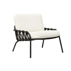 Matte Black Powder-Coated Metal Woven Rope Outdoor Armchair with Thick White Cushions