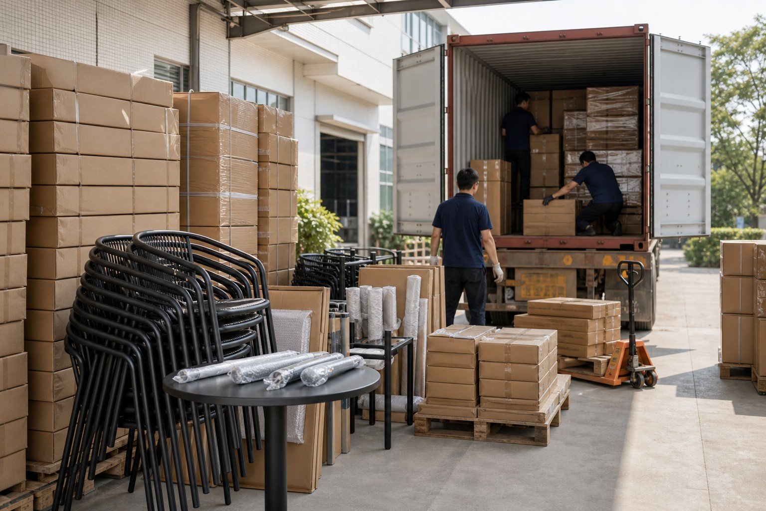 Outdoor furniture container loading with cartons stackable chairs and export packing