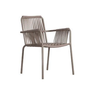 Matte Taupe Carbon Steel Full Vertical Flat Woven Rope Outdoor Dining Armchair