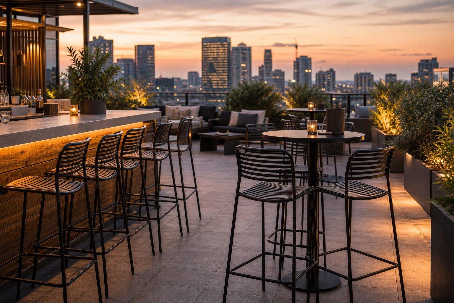 Rooftop bar outdoor furniture with metal stools and high tables
